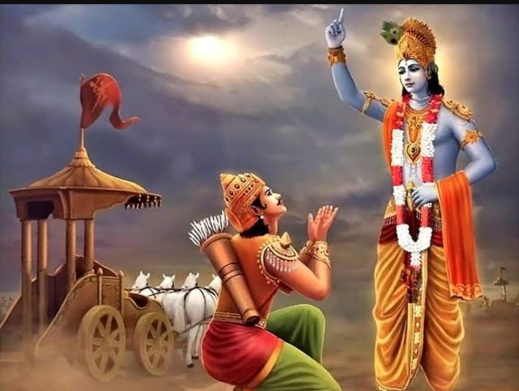 Lord Krishna preaching Geeta to Arjuna in Kurukshetra battleground