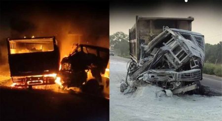 ट्रक-हाइवा की टक्कर के बाद लगी आग, हाइवा चालक की मौत, मौके पर पहुंची पुलिस और दमकल की टीम
