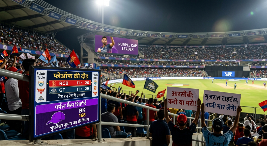 IPL 2026 Points Table: प्लेऑफ की रेस हुई बेहद रोमांचक, RCB और गुजरात टाइटंस के बीच जंग; पर्पल कैप पर भुवी का नया रिकॉर्ड 1779830452018