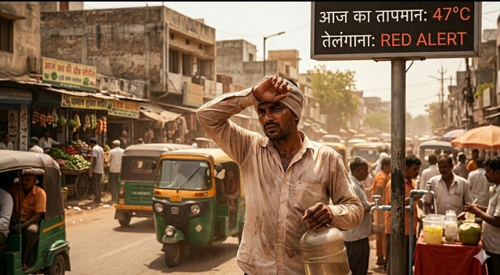 ‘नौतपा’ के पहले ही दिन कई राज्यों में पारा 47° पार, तेलंगाना में रेड अलर्ट; क्या इस बार टूटेंगे सारे रिकॉर्ड? 'लोकल न्यूज़: भीषण गर्मी की मार', 'हीटवेव का प्रकोप', 'पानी पिएं, सुरक्षित रहें', और 'शहर की रिपोर्ट: तापमान 47 डिग्री के पार'।