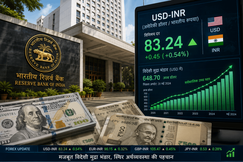 RBI मुख्यालय की पृष्ठभूमि में डॉलर और रुपये के नोट, डिजिटल स्क्रीन पर USD-INR विनिमय दर और बढ़ता विदेशी मुद्रा भंडार दर्शाता हुआ वित्तीय ग्राफ