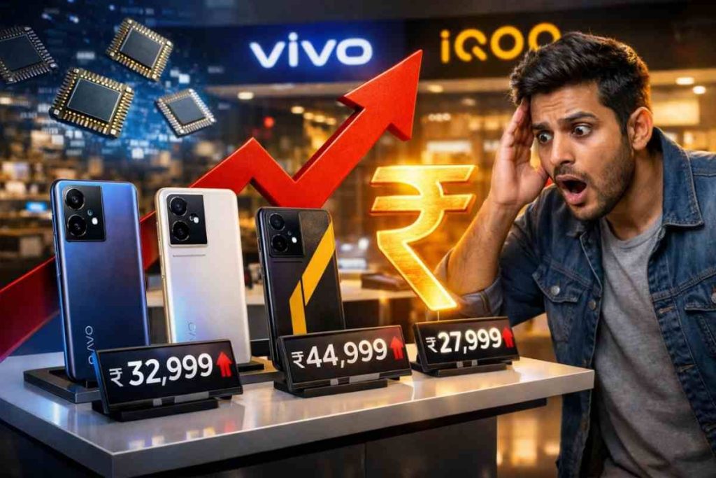 Vivo और iQOO ने बढ़ाईं स्मार्टफोन की कीमतें, कई पॉपुलर मॉडल हुए महंगे Shocked customer looking at Vivo and iQOO smartphones with rising prices, red upward arrow, glowing Rupee symbol, and memory chip graphics in a modern electronics store.